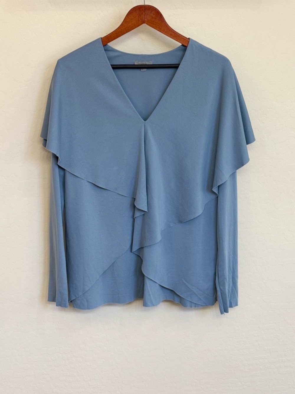 COS Light Dusty Blue Folded Drape Asymmetrical Ruffle V-Neck Blouse Top Size L